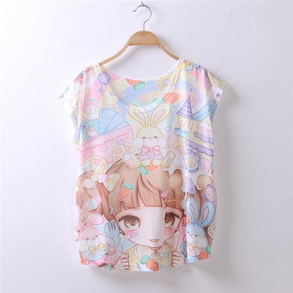 Ayumi girls 반팔 t 셔츠 패션 귀여운 하라주쿠 카와이 t 셔츠 일본식 캐릭터 프린트 만화 고양이 탑스